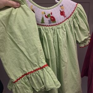 Green Gingham Smocked Dress with Red Trim
